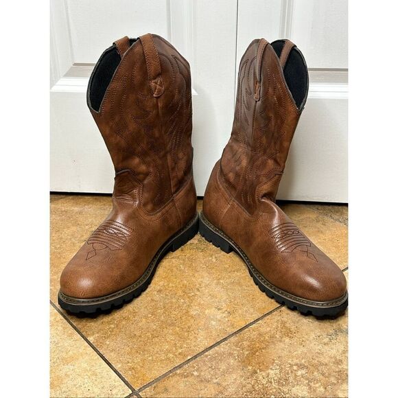 Mens Brown Fashion Western Boots Classic Embroidered Pull On Slip Resistant Cowb - Picture 2 of 9
